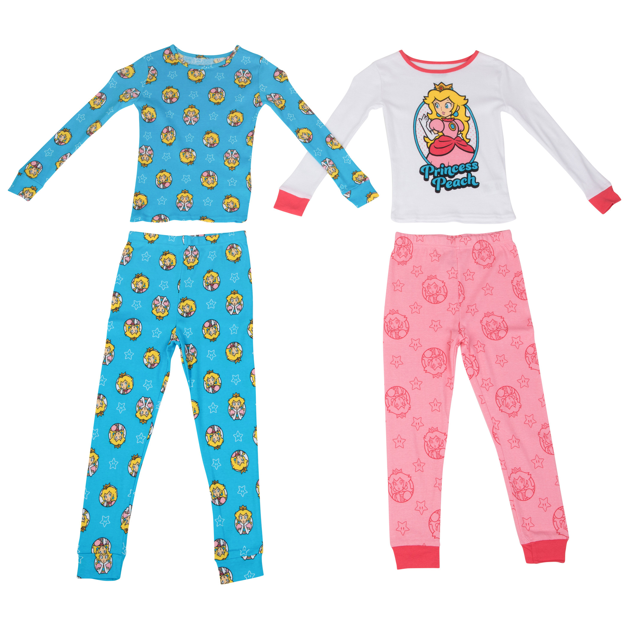 Princess Peach Long Sleeve 4-Piece Girl's Pajama Set, Multi-Color