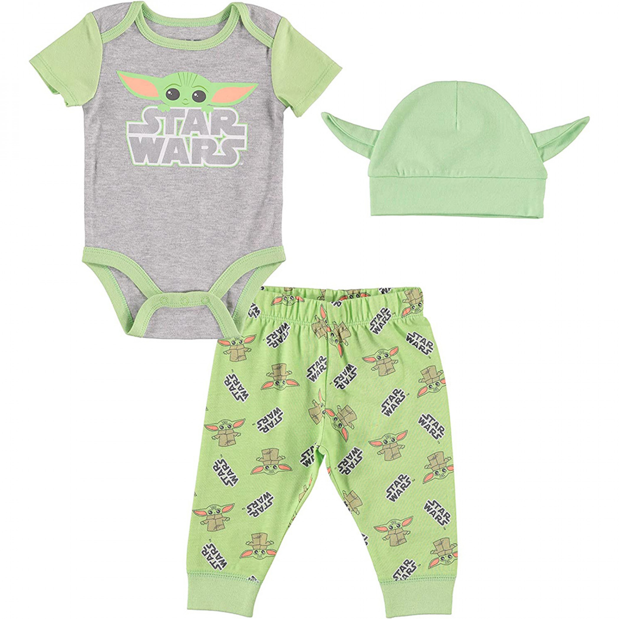Star Wars The Mandalorian Grogu w/ Logo 3-Piece Bodysuit Set With Cap, Multi-Color