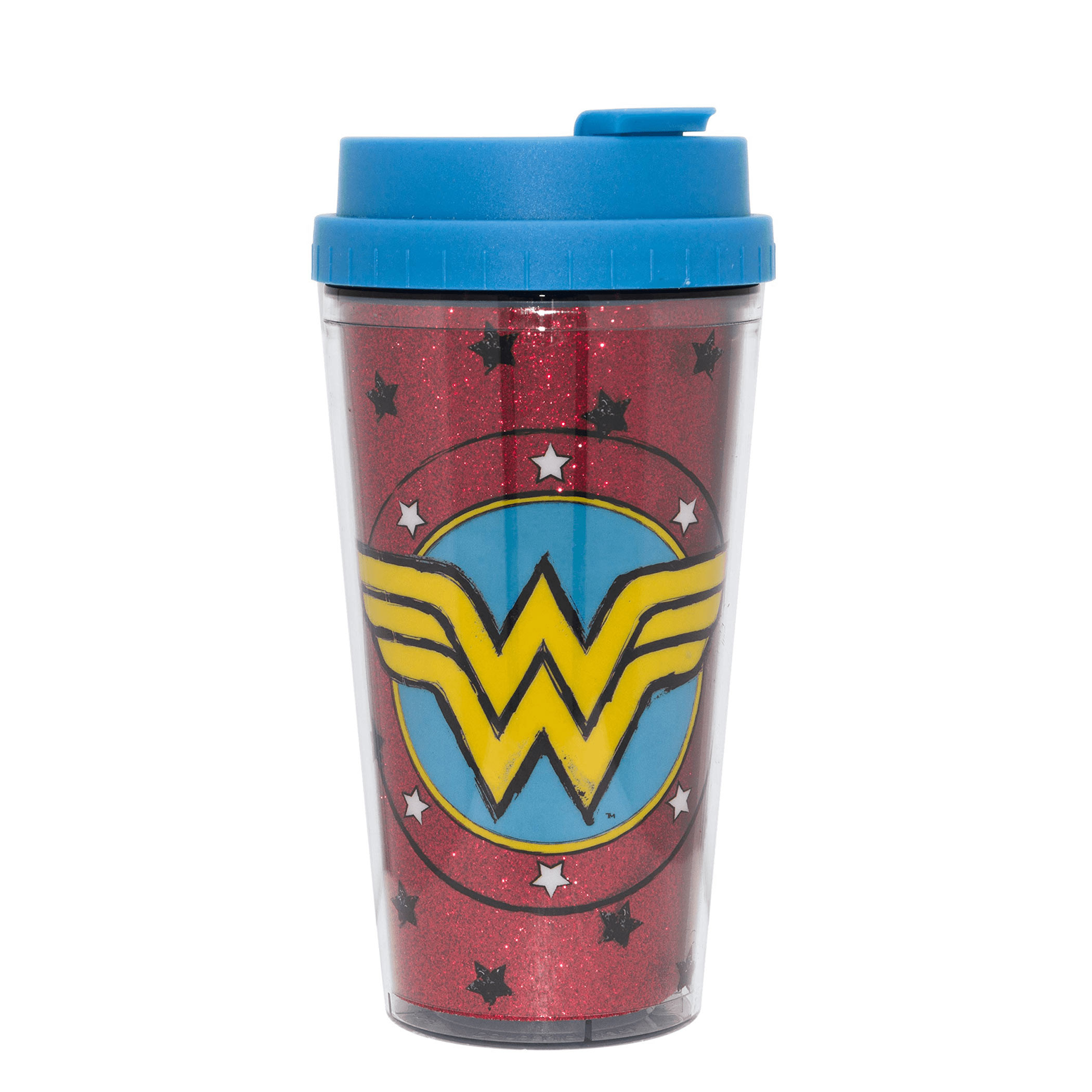 Wonder Woman Sketch Logo 16oz Double Wall Plastic Glitter Travel Mug, Multi-Color