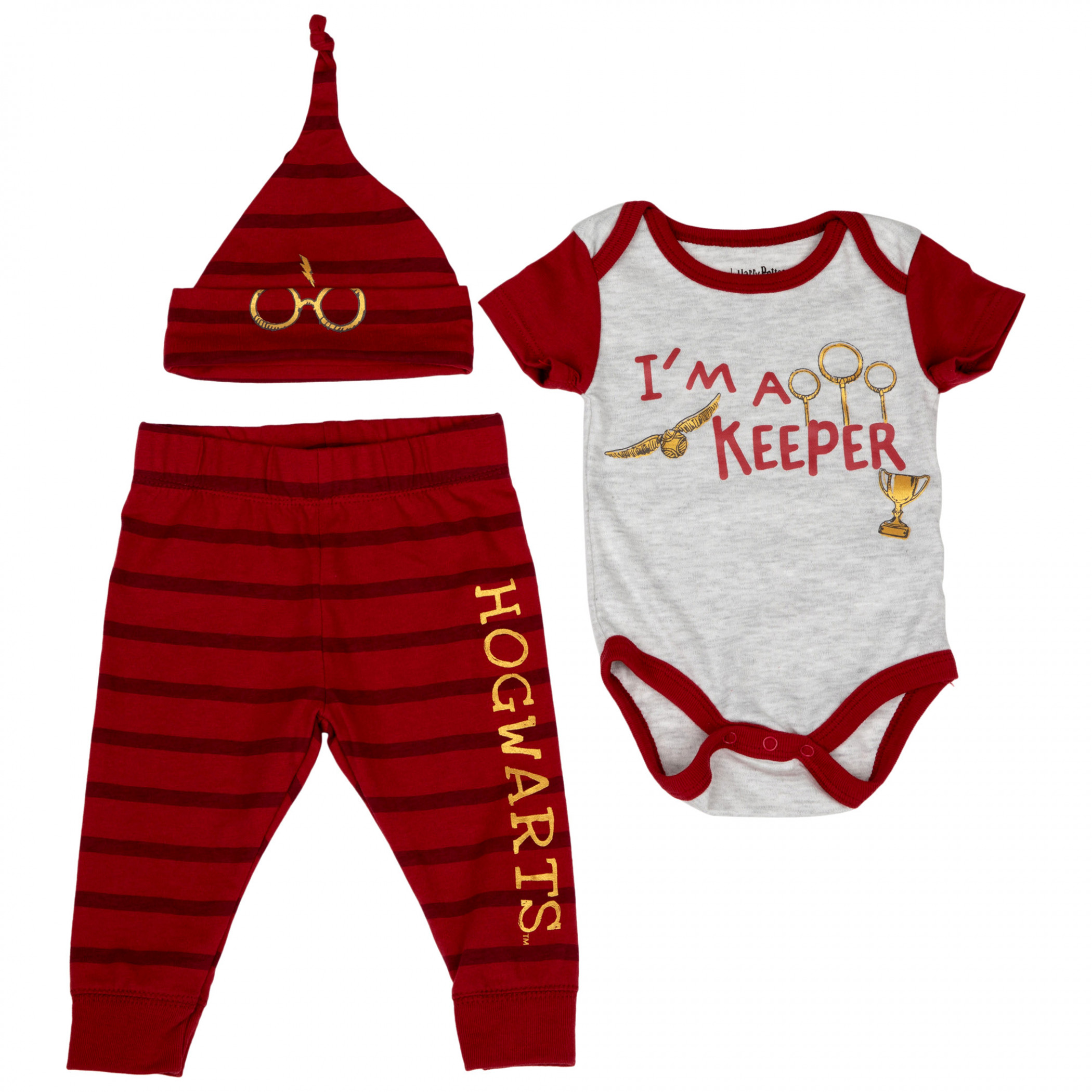 Harry Potter I'm A Keeper Hogwarts 3-Piece Bodysuit Set & Cap, Multi-Color