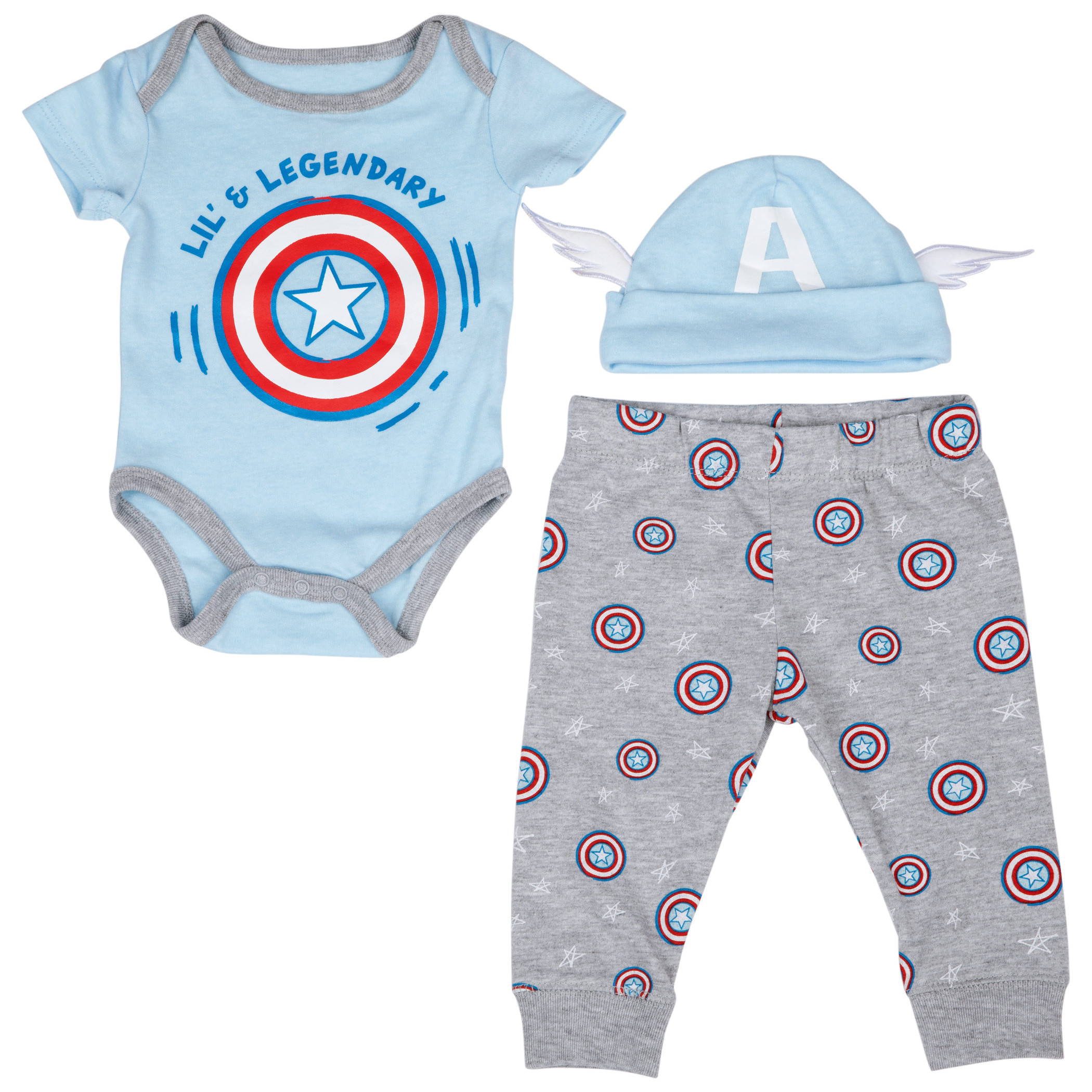 Marvel Captain America 3-Piece Bodysuit Set & Cap, Multi-Color