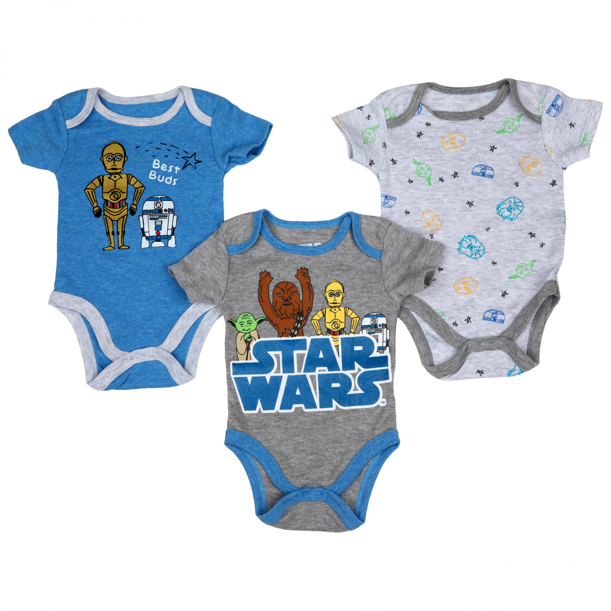 Star Wars Chewbacca  C3PO  and R2-D2 Infant Bodysuit 3-Pack, Multi-Color