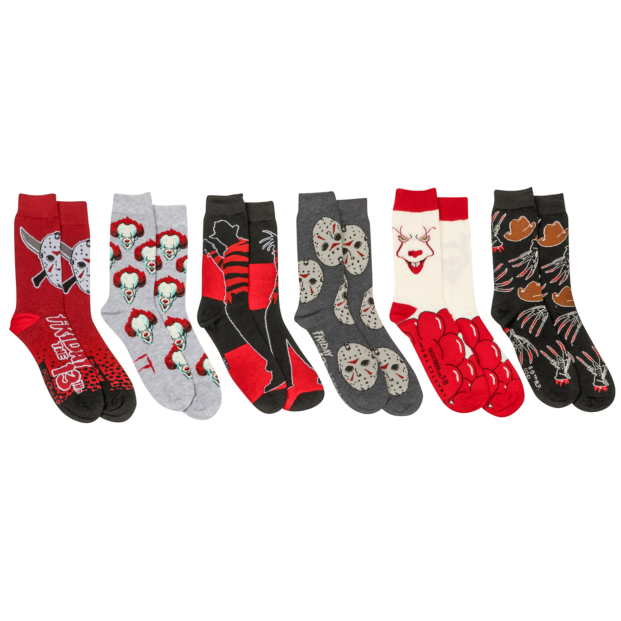 Horror Movie Villains Pennywise Jason  Freddy Kruger 6-Pack Crew Socks, Multi-Color