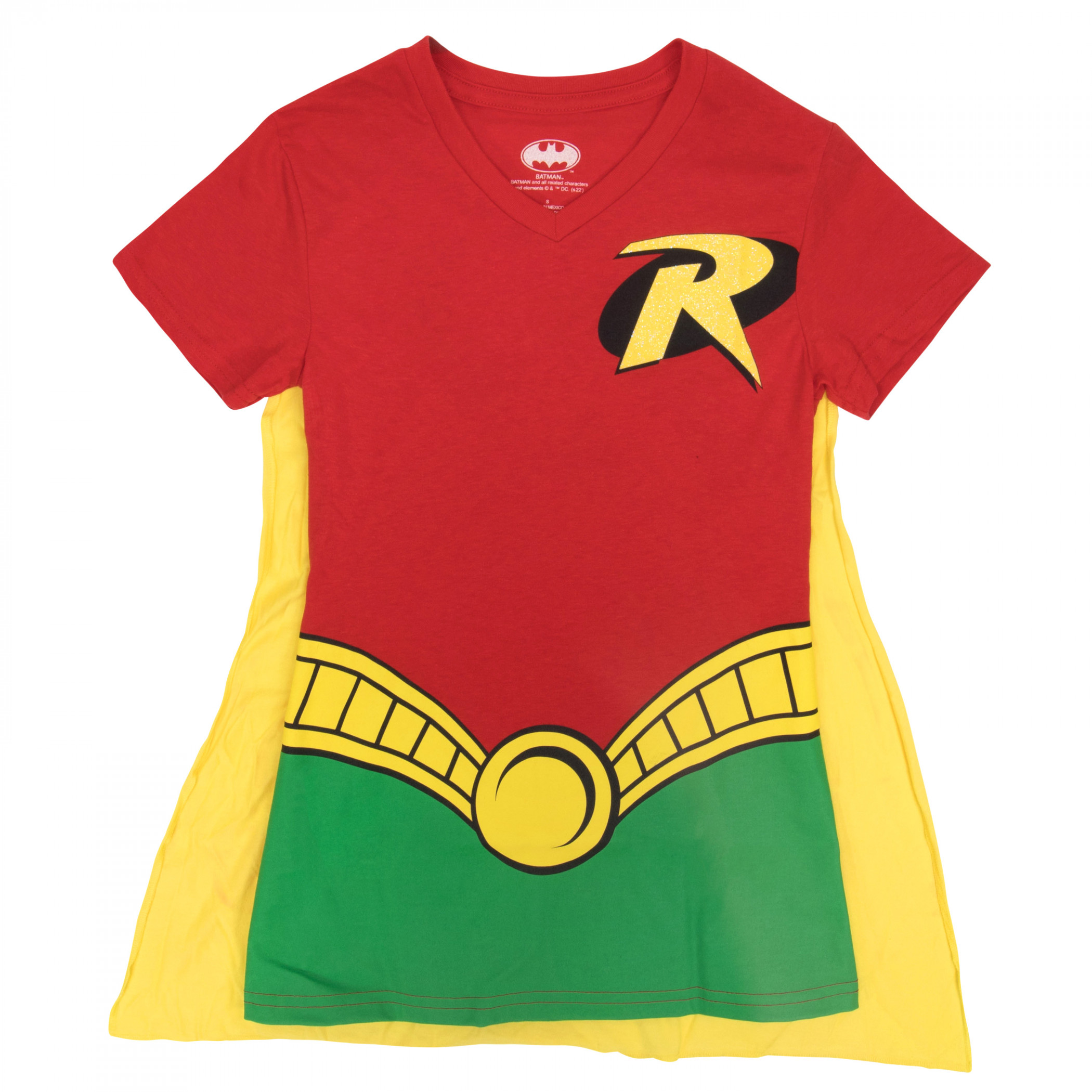 Robin Women's V-Neck Caped Costume T-Shirt, Red