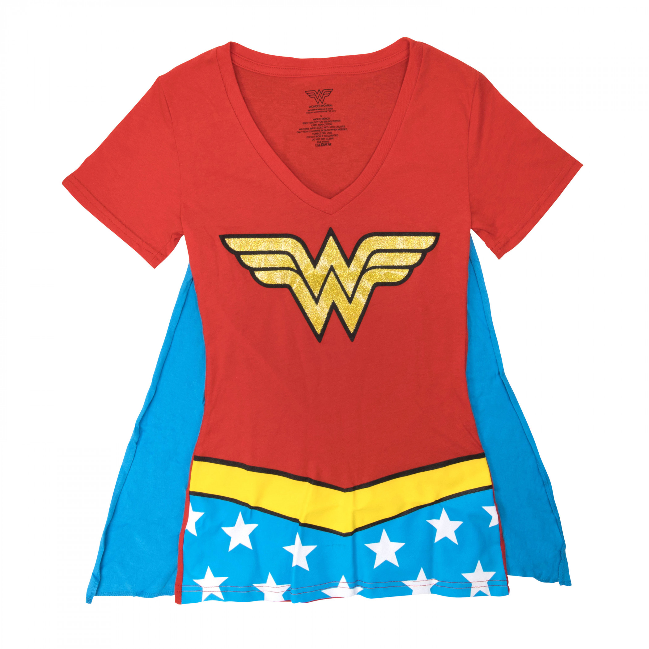 Wonder Woman Women's V-Neck Caped Costume T-Shirt, Red