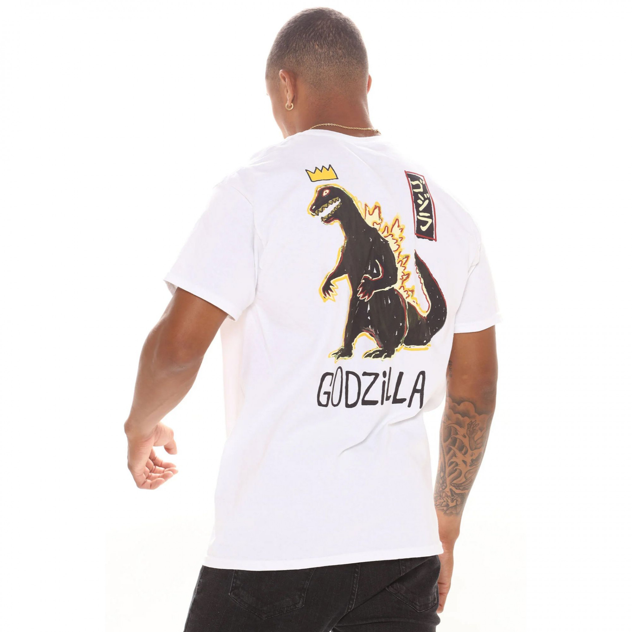 Godzilla Doodle with Crown Front and Back Print T-Shirt, White