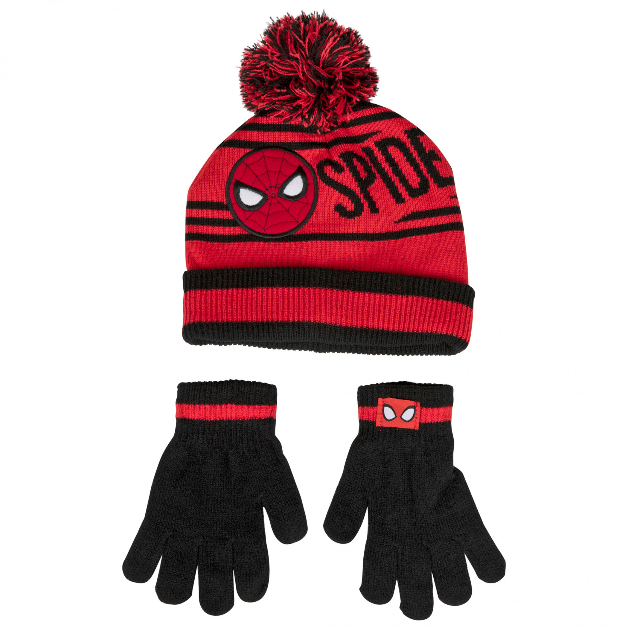 Marvel Comics Spider-Man Spidey Symbol Pom Cuff Beanie & Glove Set, Red