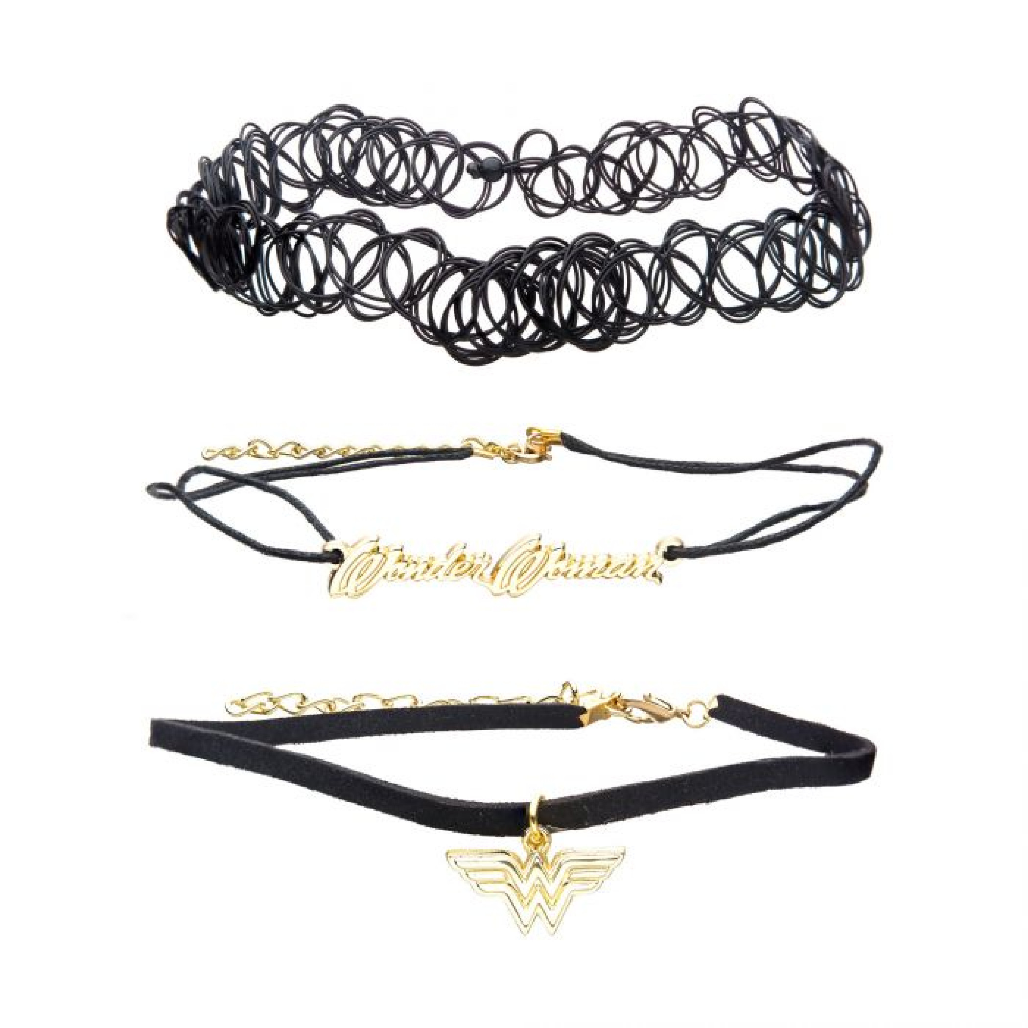 DC Comics Wonder Woman Logo Elastic Tattoo and Cord Choker Set, Gold