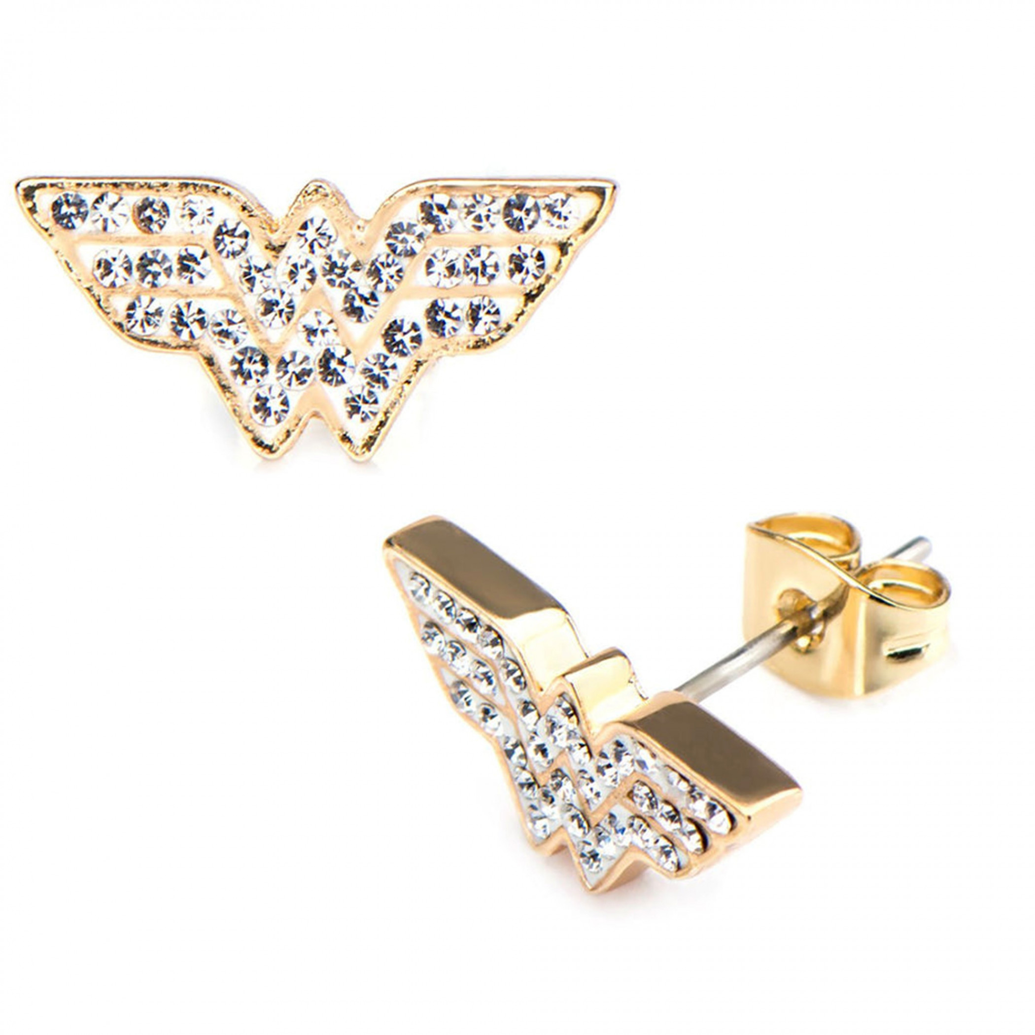 DC Comics Wonder Woman Symbol Stainless Steel Gem Stud Earrings, Gold