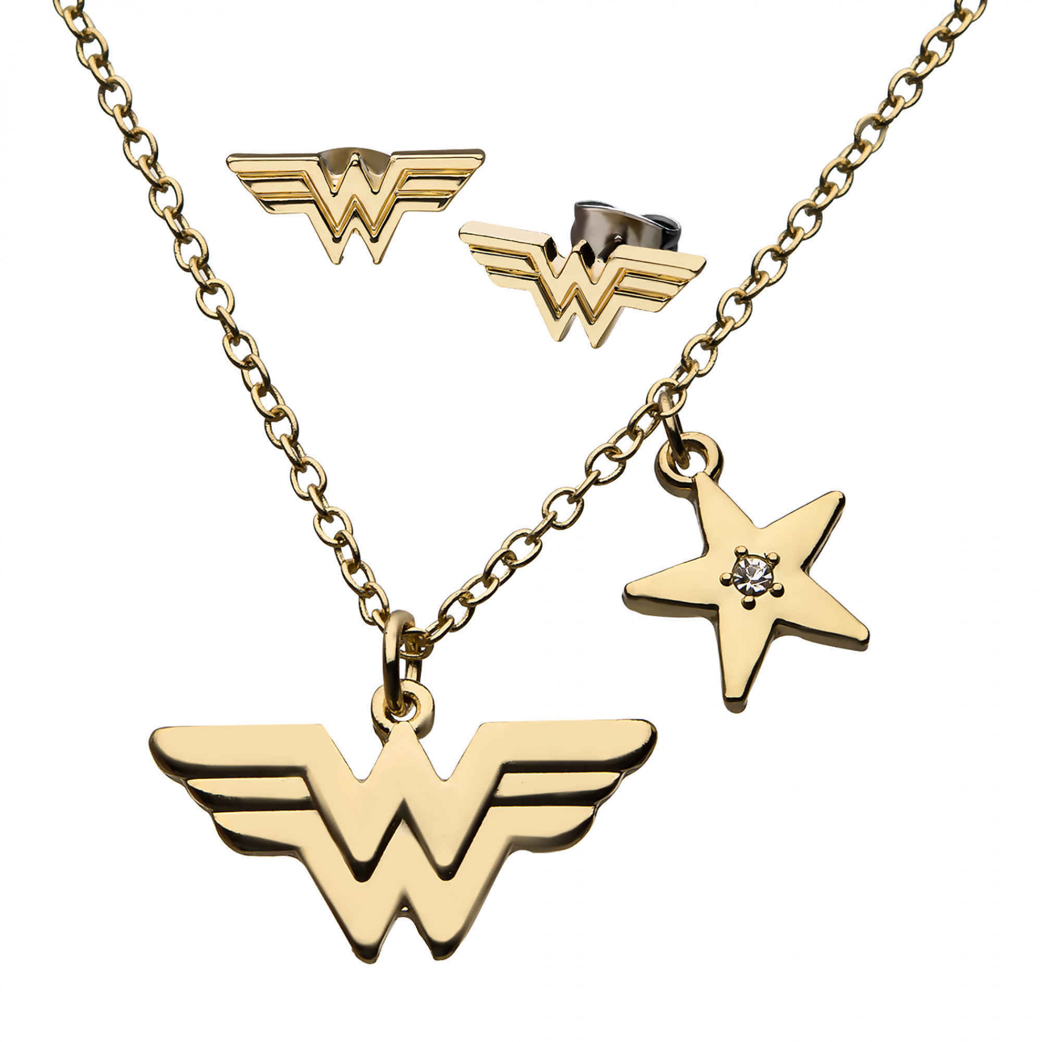 Wonder Woman Stud Earrings & Pendant Necklace Set, Gold
