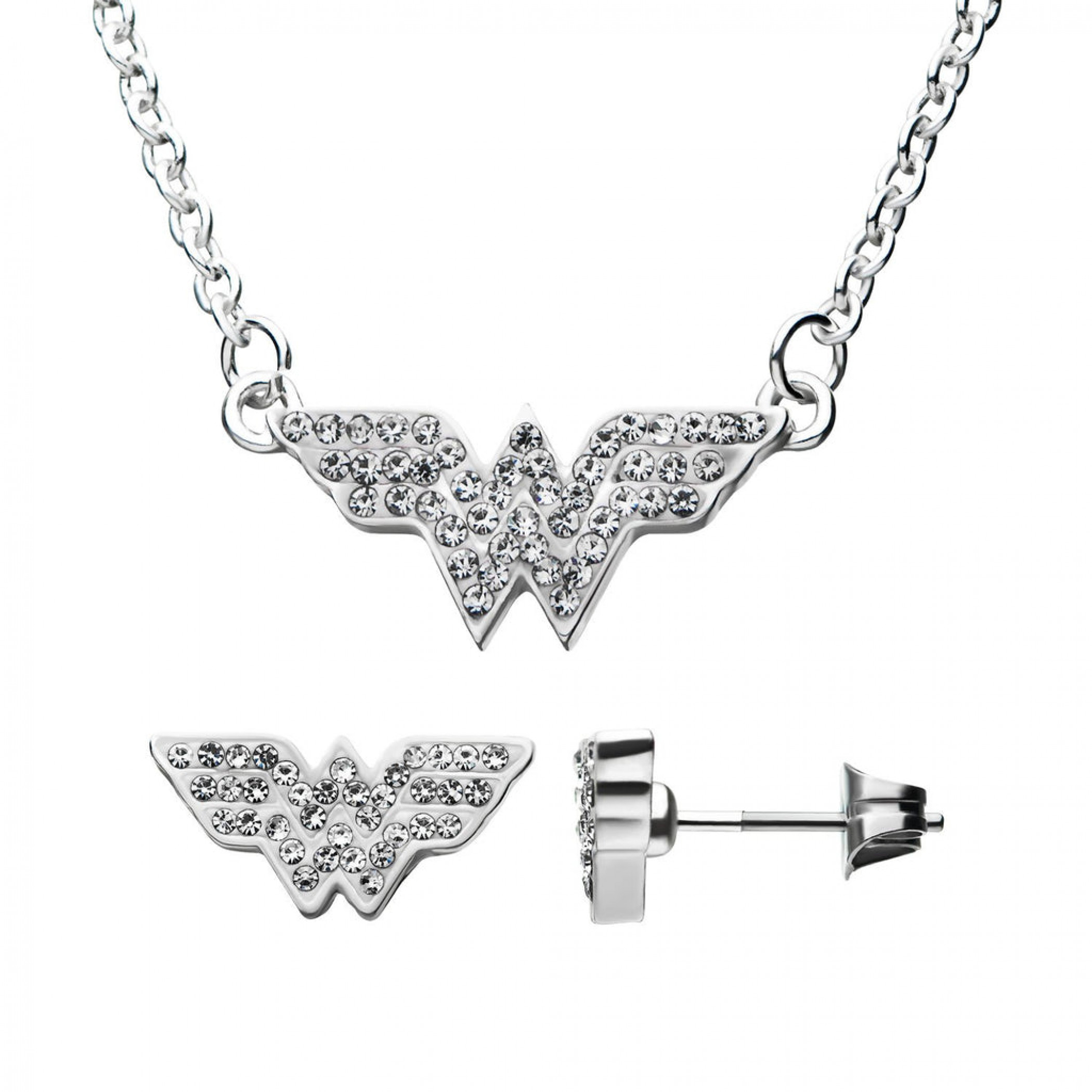 DC Comics Wonder Woman Symbol Studded Steel Necklace and Earring Set, Silver