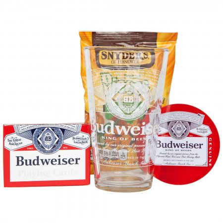 Budweiser Pint Glass Playing Cards and Pretzels Gift Pack