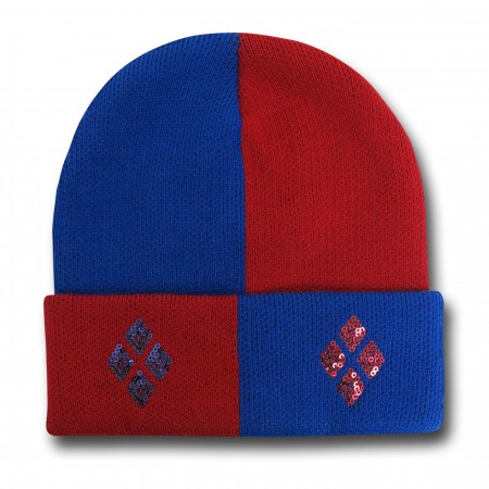 Harley Quinn Red and Blue Sequin Cuff Beanie