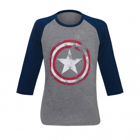 Captain America Gray Distressed Shield Baseball T-Shirt