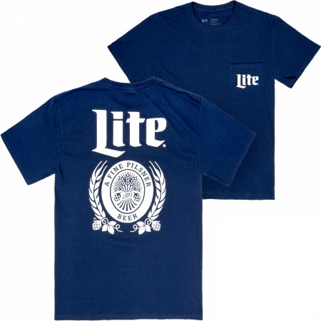 Miller Lite Beer Front and Back Navy and White Logo Print Pocket T-Shirt