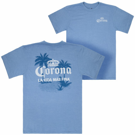 Corona Extra La Vida Mas Fina Palm Trees Front and Back Print T-Shirt