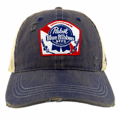 Pabst Blue Ribbon Logo Distressed Denim Trucker Hat