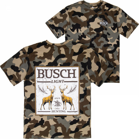 Busch Beer Hunting Since 1955 Front and Back Woodland Camo T-Shirt