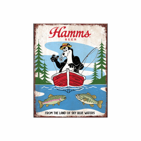Hamms Beer Fishing Bear From the Land of Sky Blue Waters Tin  Sign