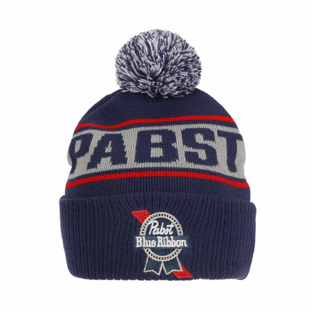 Pabst Blue Ribbon Jacquard and Embroidered Logo Knit Beanie with Pom