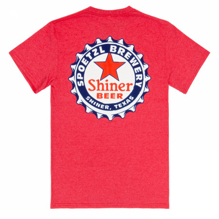 Shiner Bock Bottle Cap Design on Red Front & Back Print T-Shirt