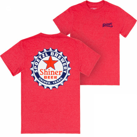 Shiner Bock Bottle Cap Design on Red Front & Back Print T-Shirt
