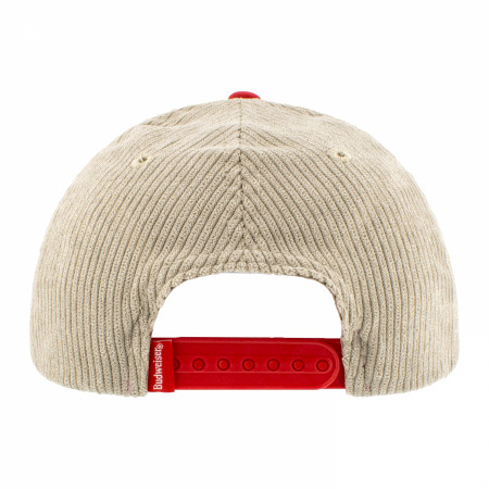 Budweiser Beer Label Patch on Brown Snapback Hat with Red Bill