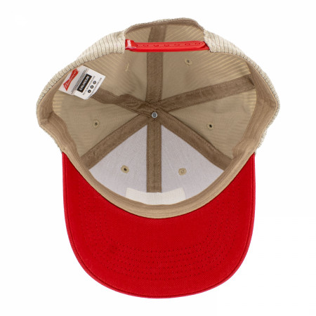 Budweiser Beer Label Patch on Brown Snapback Hat with Red Bill