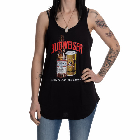 Budweiser King of Beers Bottle and Can on Black Ladies Tank Top