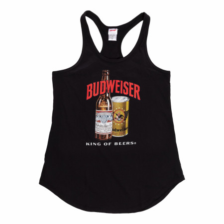 Budweiser King of Beers Bottle and Can on Black Ladies Tank Top