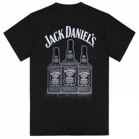 Jack Daniels Three Bottles Mineral Wash Front Back Print Woven Pocket T-Shirt