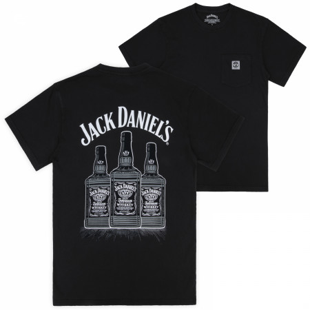 Jack Daniels Three Bottles Mineral Wash Front Back Print Woven Pocket T-Shirt