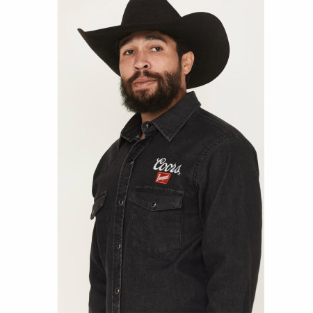 Coors Banquet Embroidered Logo Black Denim Western Snap Button Shirt