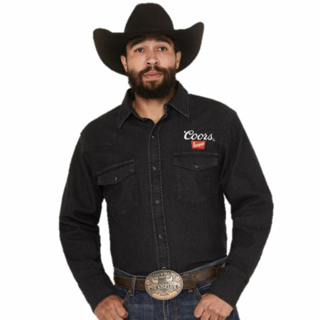 Coors Banquet Embroidered Logo Black Denim Western Snap Button Shirt