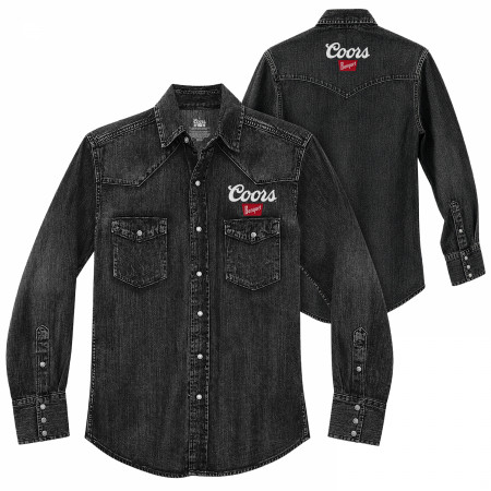 Coors Banquet Embroidered Logo Black Denim Western Snap Button Shirt