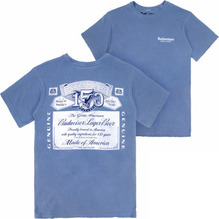 Budweiser 150 Years Label Blue Colorway Premium Mineral Wash Front & Back Print T-Shirt