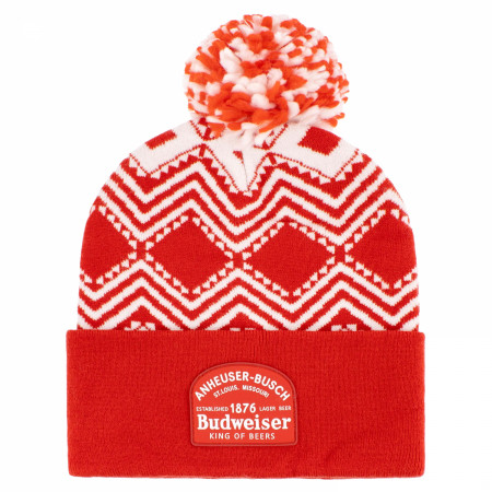 Budweiser Red & White Knit Sweater Pattern Cuffed Beanie with Pom