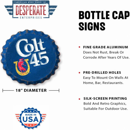 Colt 45 Logo with Colt and Horseshoe 18' Bottle Cap Tin Sign