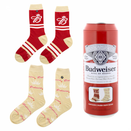 Budweiser Logo and Stripes Crew Socks 2-Pack in Beer Can