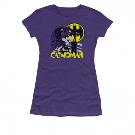 Batman Catwoman Rooftop Purple Juniors T-Shirt