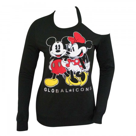 Mickey And Minnie Ladies Shoulder Cut Black Sweatshirt