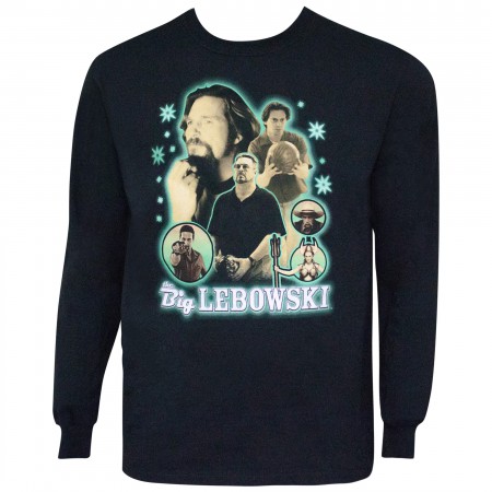 Big Lebowski Men's Long Sleeve Neon Bowling Collage T-Shirt