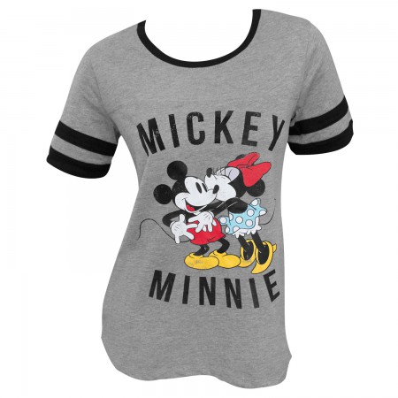 Mickey Minnie Mouse Kissing Striped Women's Gray Tee Shirt