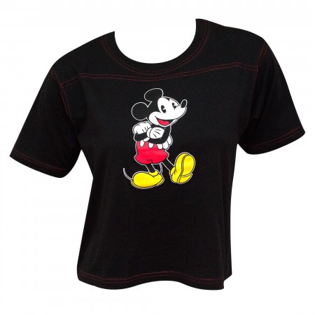 Mickey Pose Contrast Stitch Women's Black Cropped T-Shirt