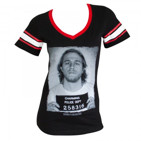 Sons Of Anarchy Women's Black Striped Sleeve Group Mug Shot T-Shirt