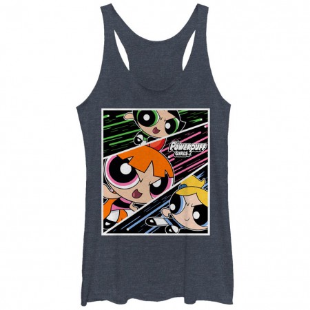 Power Puff Girls Fighting Panels Blue Juniors Racerback Tank Top